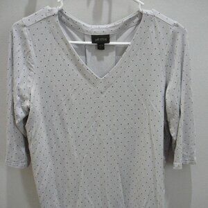 J Jill Wearever Collection V-Neck 3/4 Sleeve Gray Black Dots Pleated Top-PS